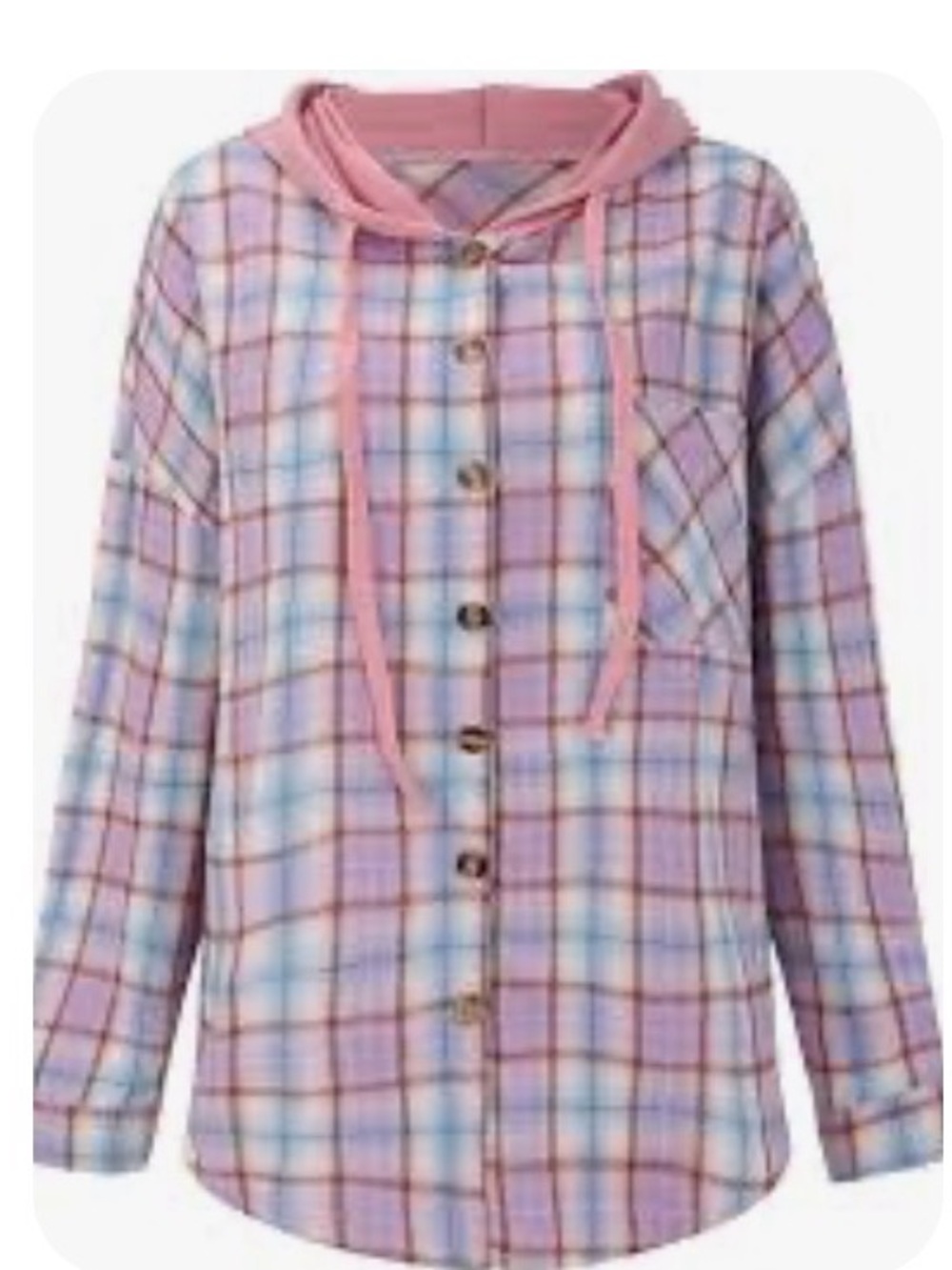 Pastel Plaid Hooded Button-Up Shirt - Pink & Blue